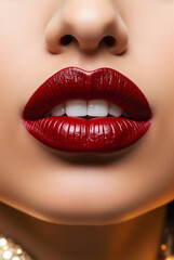 Fototapeta premium Close-Up of Glossy Red Lips with Defined Contours and Soft Skin Texture