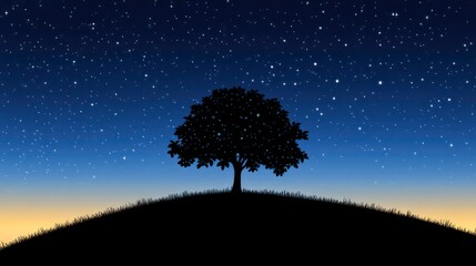 A lone tree stands on a hilltop, silhouetted against a star-filled night sky, with a hint of dawn in the distance.