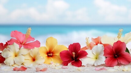 Vibrant Tropical Flowers Scattering Across Sandy Beach with Turquoise Ocean Waves