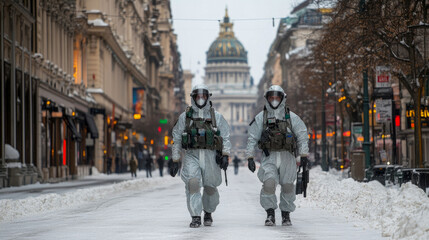 Obraz premium Two soldiers in winter gear walk down a snow-filled street near an iconic government building, showcasing a winter military presence