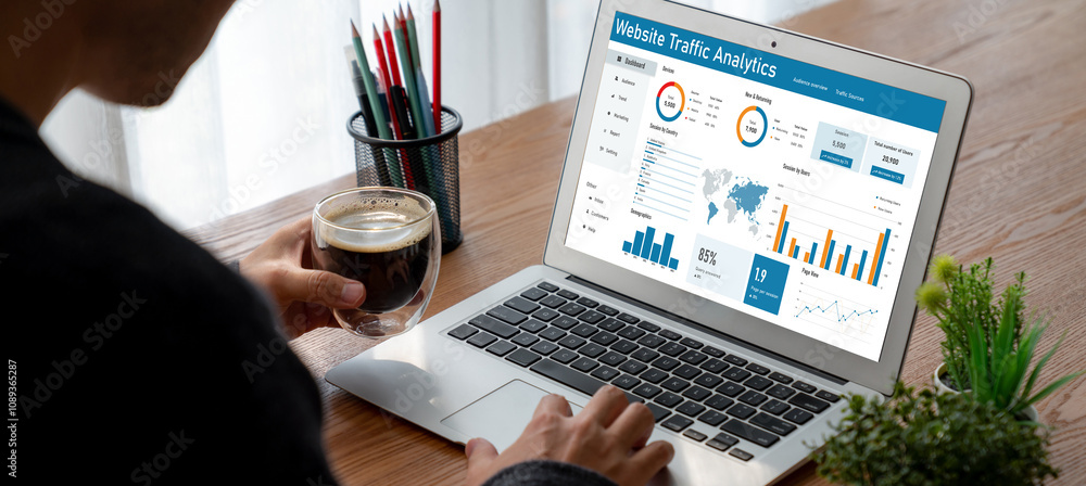 Poster computer software for website traffic analytics data on computer screen. concept of seo search engin