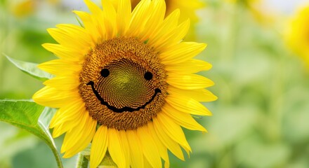 Sunflower smiley face on a bright summer day