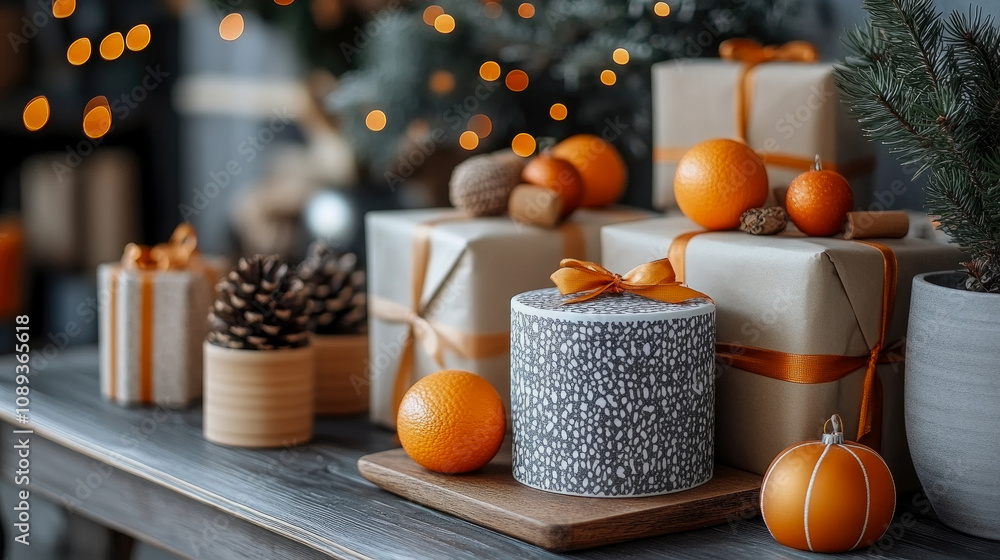 Poster various wrapped gifts and oranges are neatly displayed on a wooden table, creating a warm and inviti