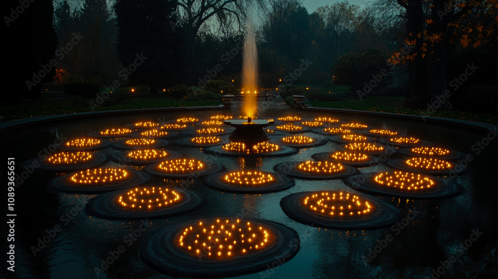 Poster a serene garden pond is adorned with glowing candles arranged in circular patterns, creating a peace