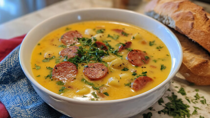 Celebratory potato soup with kielbasa sausages in a white bowl on the table, a blue and red cloth napkin, a baguette bread side dish, and the yellow creamy color of the soup.
