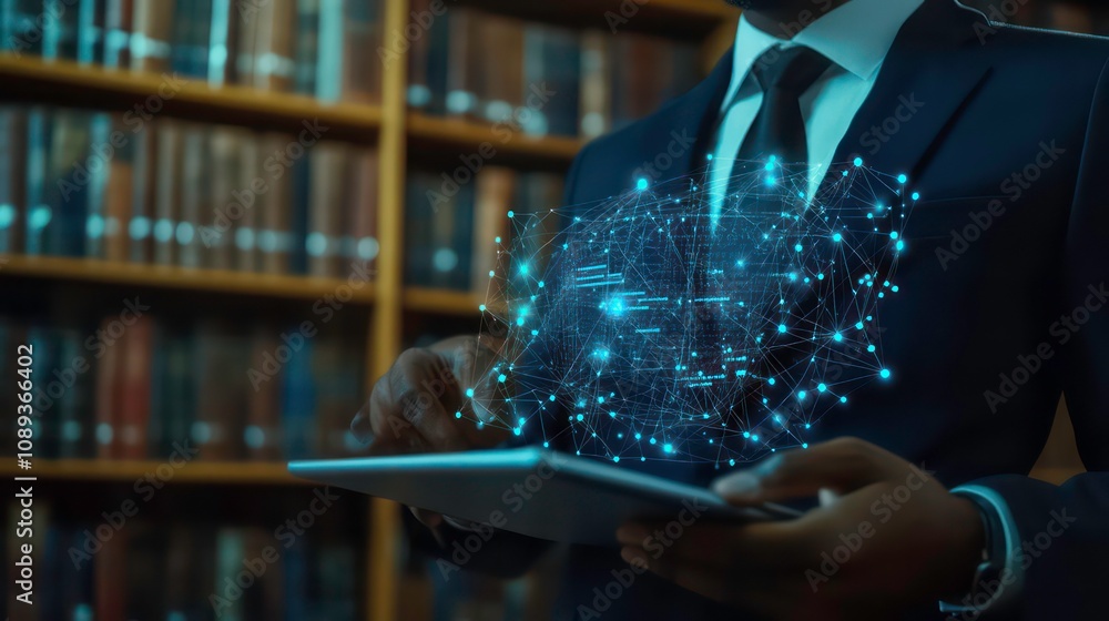 Poster a businessman in a suit uses a tablet in a library, with a digital brain network glowing in front of