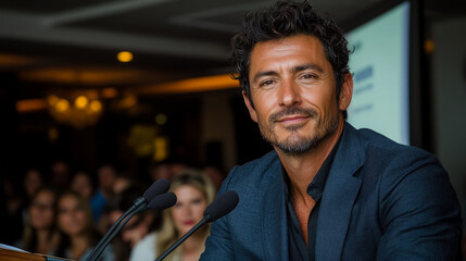 The actor engages with the audience at a film festival, discussing industry topics while seated at a stage in a stylish hotel