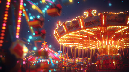 Vivid background of a carnival at night, with bright lights and rides, perfect for festive and fun projects. Vibrant Carnival Lights. Illustration
