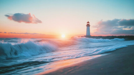 Obraz premium Lighthouse silhouette at dusk with crashing waves along the ocean shore