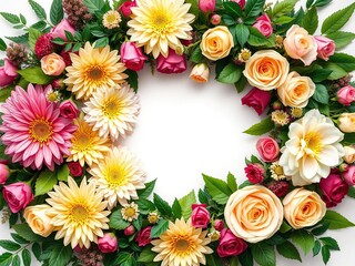 Fototapeta premium Dahlias and Roses in a Lush Floral Wreath, floral design, garden inspiration