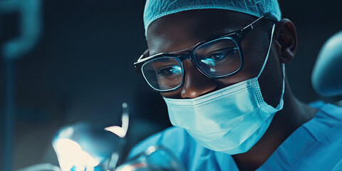 Black male dentist in sterile environment, expertly examining patient with dental mirror
