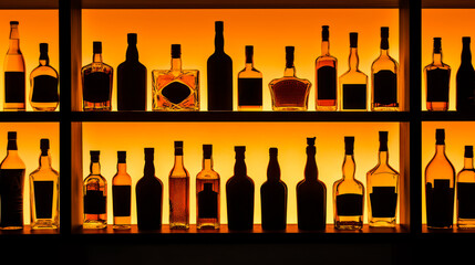 A lot of alcohol bottles on shelves in a bar, amber yellow lighting