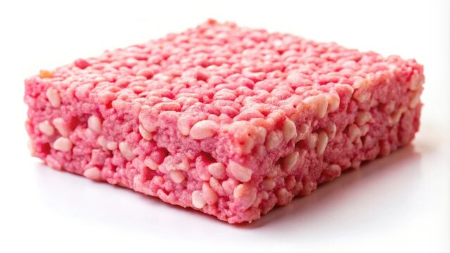 A close-up of a pink, crispy rice treat, with a smooth, sugary glaze and a slightly uneven texture, isolated against a pristine white background.