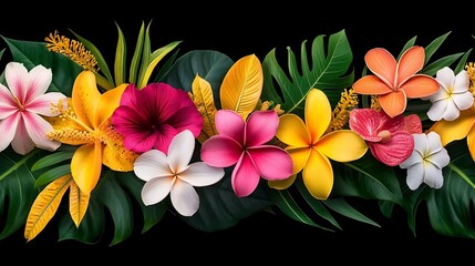 Overlapping Tropical Flowers and Lush Foliage in Bold Summer Colors