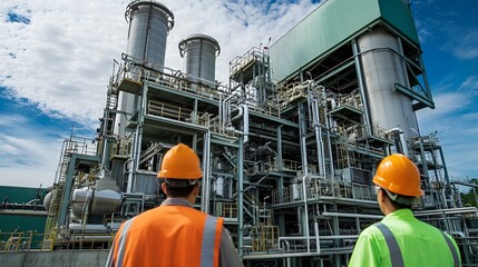 Industrial workers operate heavy machinery amidst towering refinery structures against a vast sky