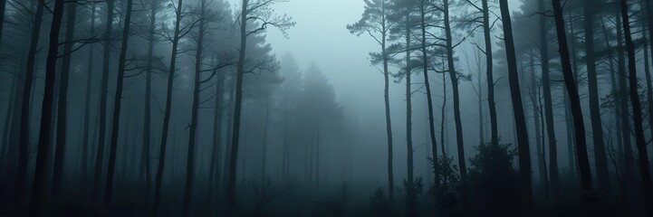 Fototapeta premium Dark forest landscape with misty atmosphere and tall trees, mist, foliage