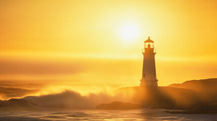 Fototapeta premium Silhouette of a lighthouse against a serene sunrise over the ocean shore
