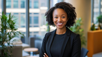 A businesswoman with a confident smile poses in a modern office setting, showcasing her leadership skills.