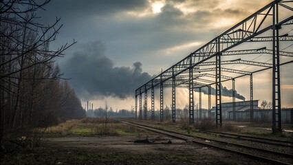 Obraz premium Dark metallic landscape with twisted metal beams and a polluted sky, industrial decay, barren, gritty, rugged, decayed
