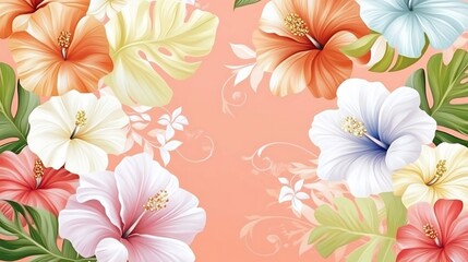 Vibrant Tropical Abstract Floral Pattern with Swirling Leaves on Coral Background