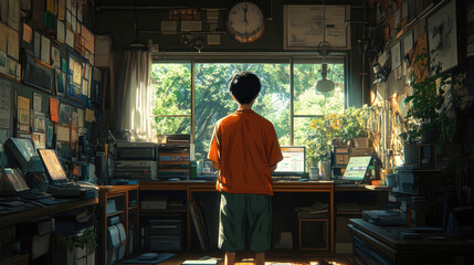 A child stands in a cluttered room, gazing out at a lush garden filled with sunlight, lost in thoughts amidst books and screens