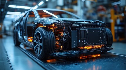 Obraz premium Car Assembly Line with Exposed Engine