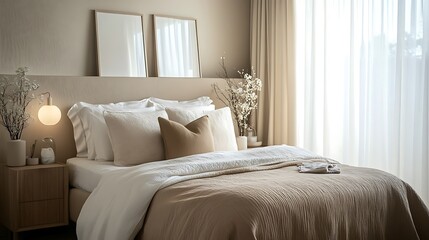 Elegant and Cozy Modern Bedroom Interior Design with Stylish Decor, mockup, poster and Background