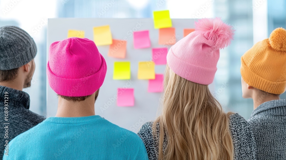Poster a multi ethnic group of customer support professionals gathered around a whiteboard, brainstorming a