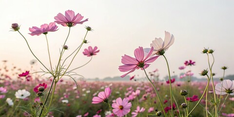 Obraz premium Delicate cosmos flower field with intricate details and soft colors, floral, delicate, subtle colors, flowers, nature