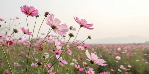 Fototapeta premium Delicate cosmos flower field with intricate details and soft colors, wildflowers, flowers