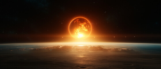 Fototapeta premium Futuristic Moon Base with Domes and Spacecraft Against Glowing Earth 