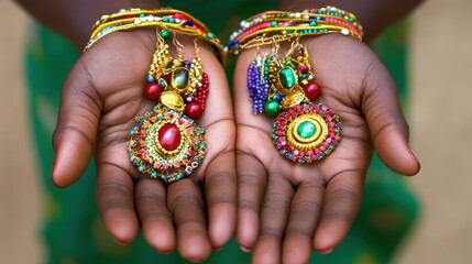 Elegant jewelry displayed in hands, showcasing vibrant colors and designs