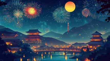 Fototapeta premium A night sky filled with fireworks over a traditional Japanese city with a full moon and a river.