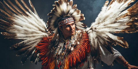 Native American man in traditional attire, dancing with feathers at cultural celebration