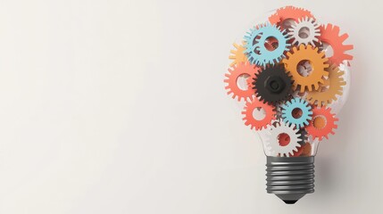 A light bulb filled with colorful gears and cogs represents the intricate workings of the mind during the creative process, showcasing the complexity of innovation and invention.