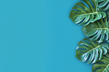 Large monstera deliciosa leaves arranged against a vibrant blue background create a summery, tropical scene