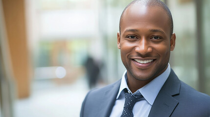 A confident businessman smiles warmly while looking directly at the camera, exuding professionalism.