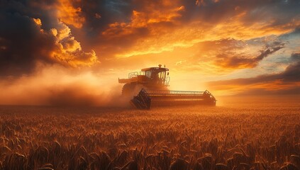 Fototapeta premium Golden Harvest: A Combine Harvester at Sunset