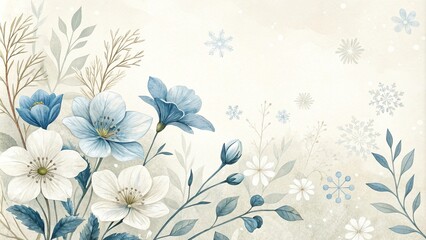 Delicate watercolor flowers in shades of blue and white, set against a soft cream background with subtle snowflakes, botanical illustration, creamy background, watercoloflowers, 