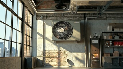 Air conditioning unit with round grid ventilation in an industrial setting, providing powerful cooling in a modern environment.