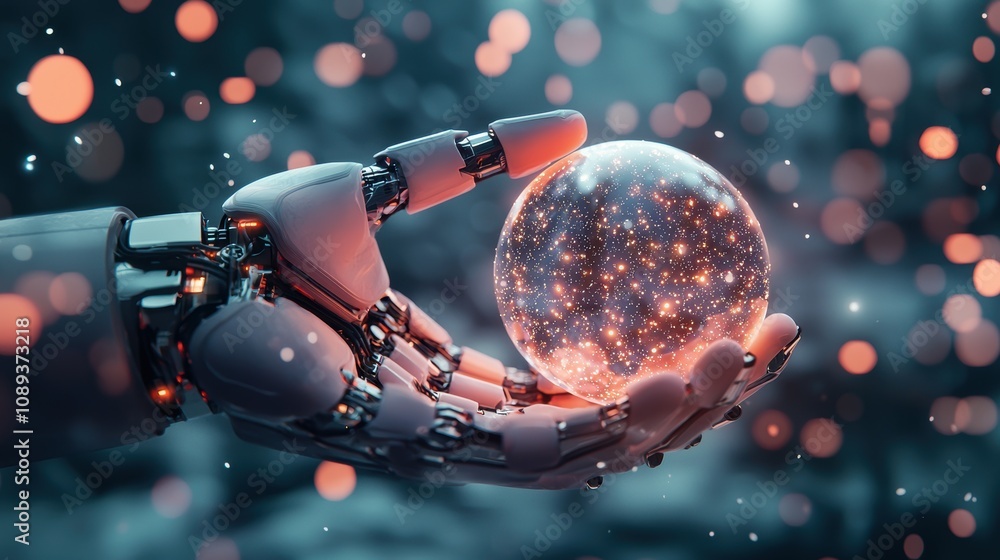 Poster a robotic hand holding a glowing orb of data, symbolizing the vast knowledge and processing power of