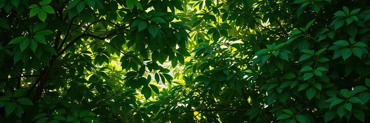 Fototapeta premium Dense foliage with sunlight filtering through leaves, nature scene, greenery
