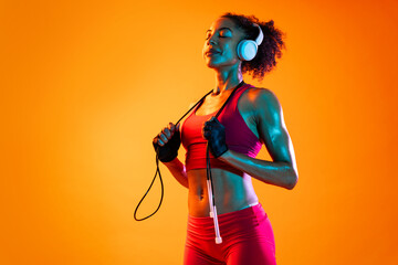 Sportive black hispanic woman wearing sportswear training in fitness studio, colorful dramatic...