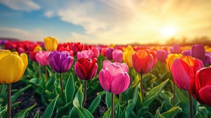 A colorful tulip field stretching across rolling hills under a bright spring sky. The neatly arranged rows of flowers create a vibrant patchwork of color. The fresh, blooming landscape feels 