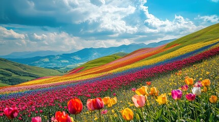 A colorful tulip field stretching across rolling hills under a bright spring sky. The neatly arranged rows of flowers create a vibrant patchwork of color. The fresh, blooming landscape feels 