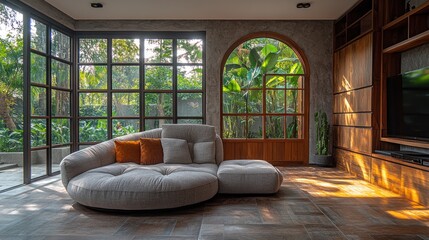 Luxurious living room with curved sofa, large windows showcasing lush greenery, and wooden built-ins.