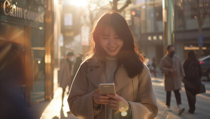 Asian woman in her dressed smartly and holding an iPhone smartphone, mobile phone, outside a modern city street or shop front at sunset. Texting messaging