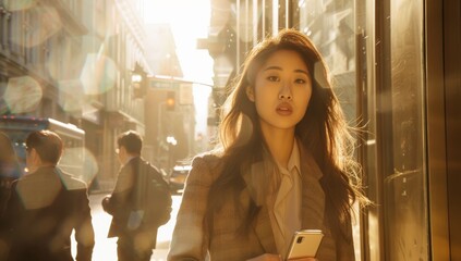 Asian woman in her dressed smartly and holding an iPhone smartphone, mobile phone, outside a modern city street or shop front at sunset. Texting messaging