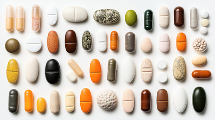 Assorted colorful capsules and tablets arranged in rows on a white background, showcasing various shapes, colors, and textures for medical and pharmaceutical concepts.