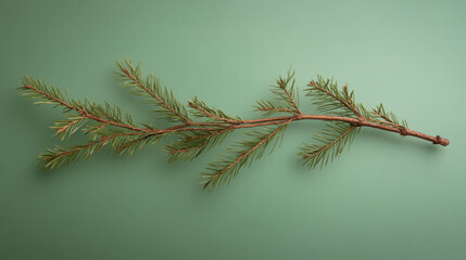 Fototapeta premium Branch of evergreen conifer against a muted green background